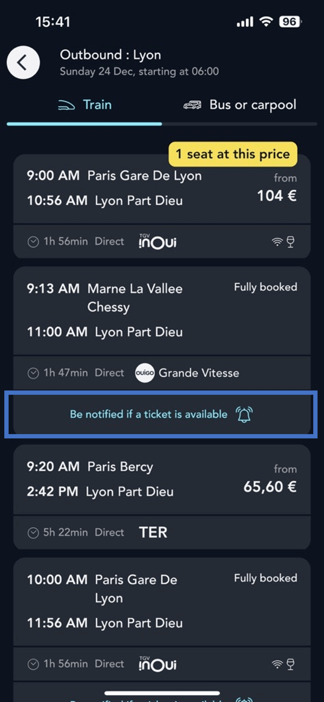 screen of the ticket search results page on the SNCF Connect application illustrating the full train alert option